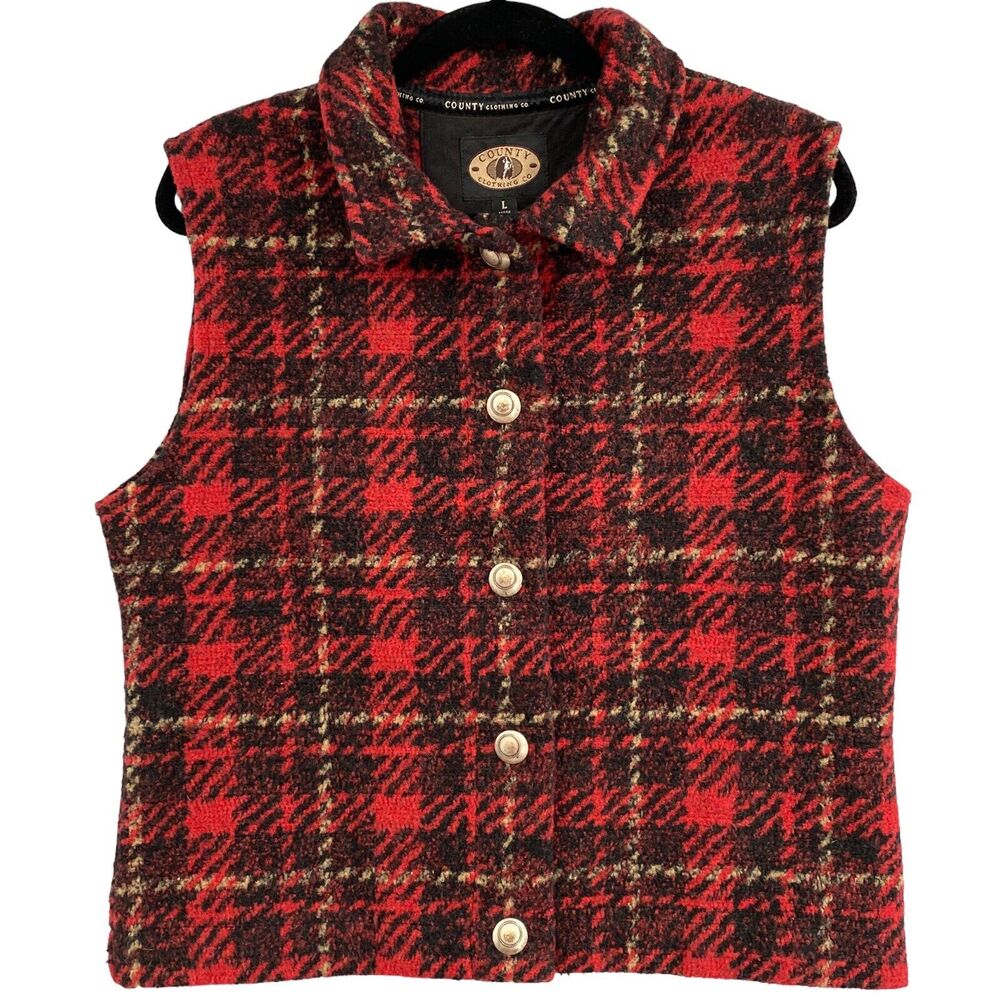VTG Fleece Vest Jacket L Western Red Plaid Academia Cowgirl Country Y2K Rancher